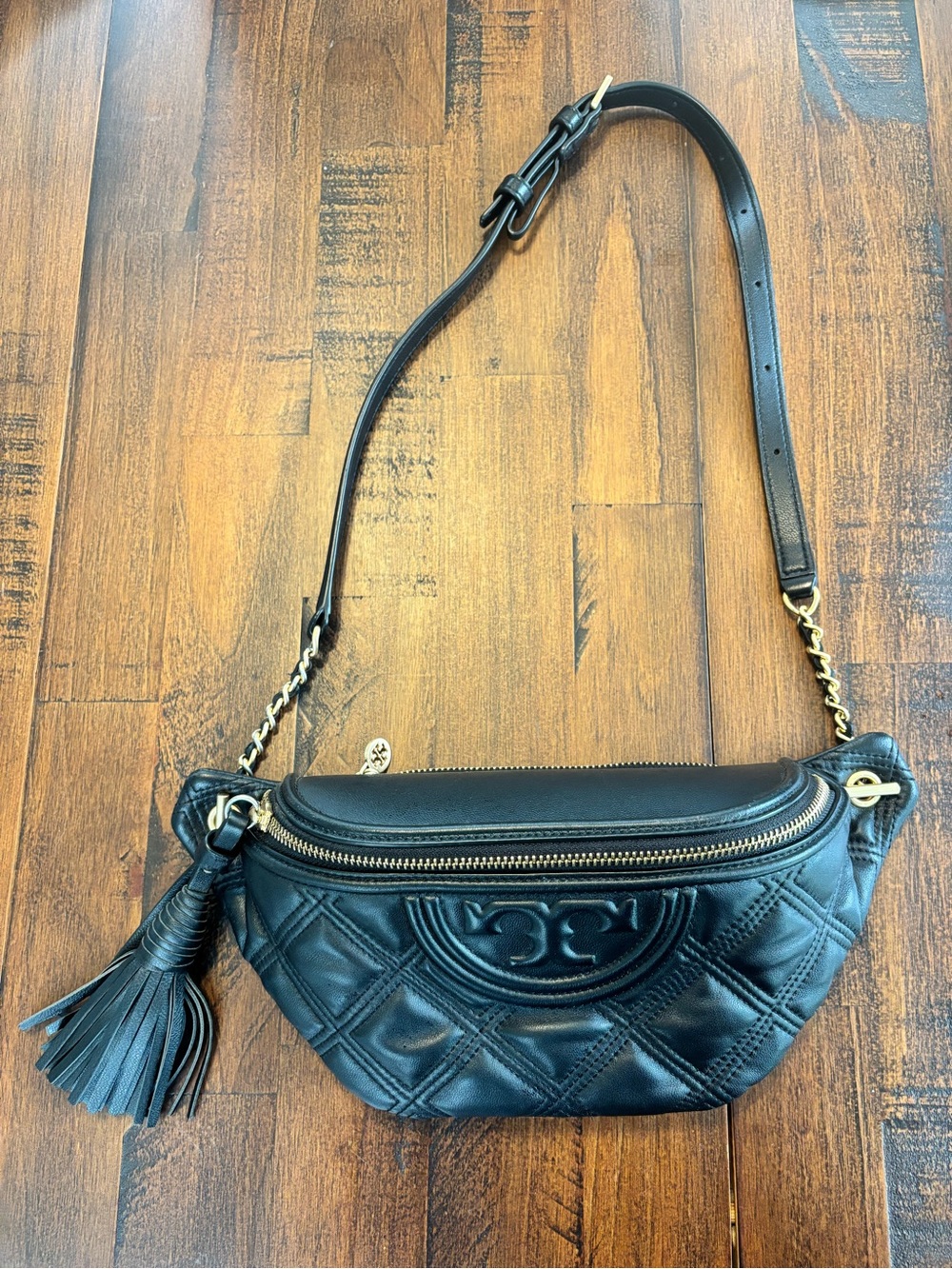 Tory Burch Black Quilted Leather Mini Belt Bag with Tassel